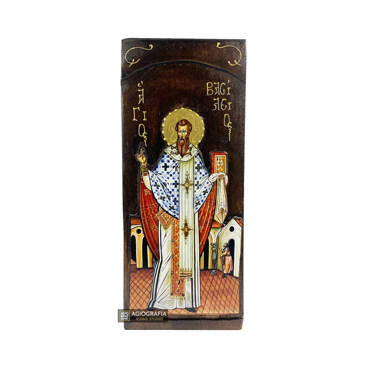 St Basil Christian Orthodox Gold Print Icon on Carved Wood