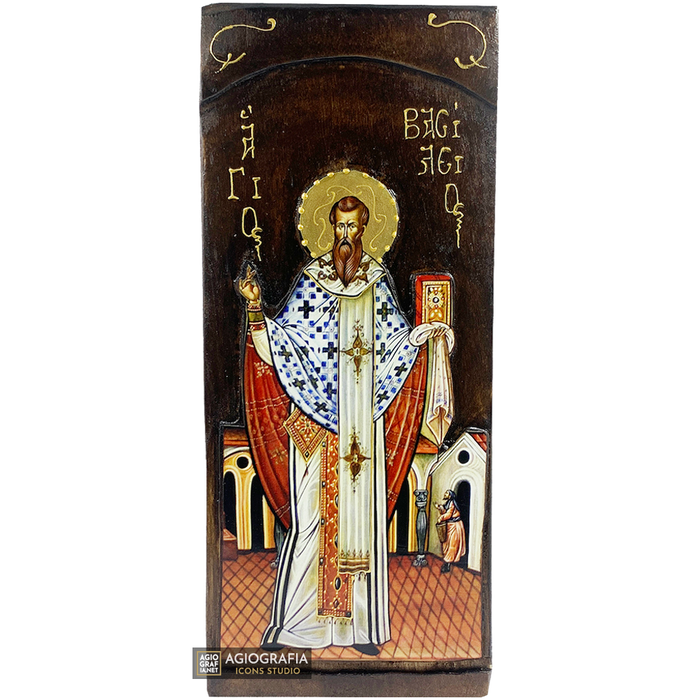 San Basilio icona cristiana ortodossa a stampa oro su legno intagliato