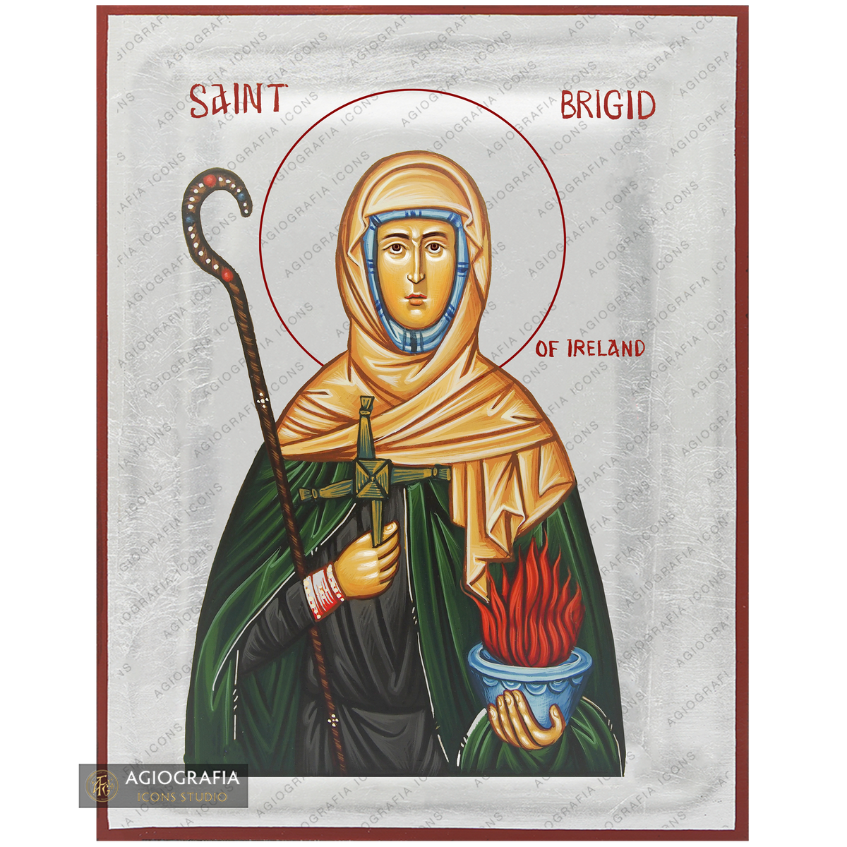 Exclusive St Brigid of Ireland Icon with Pure Silver Leaves