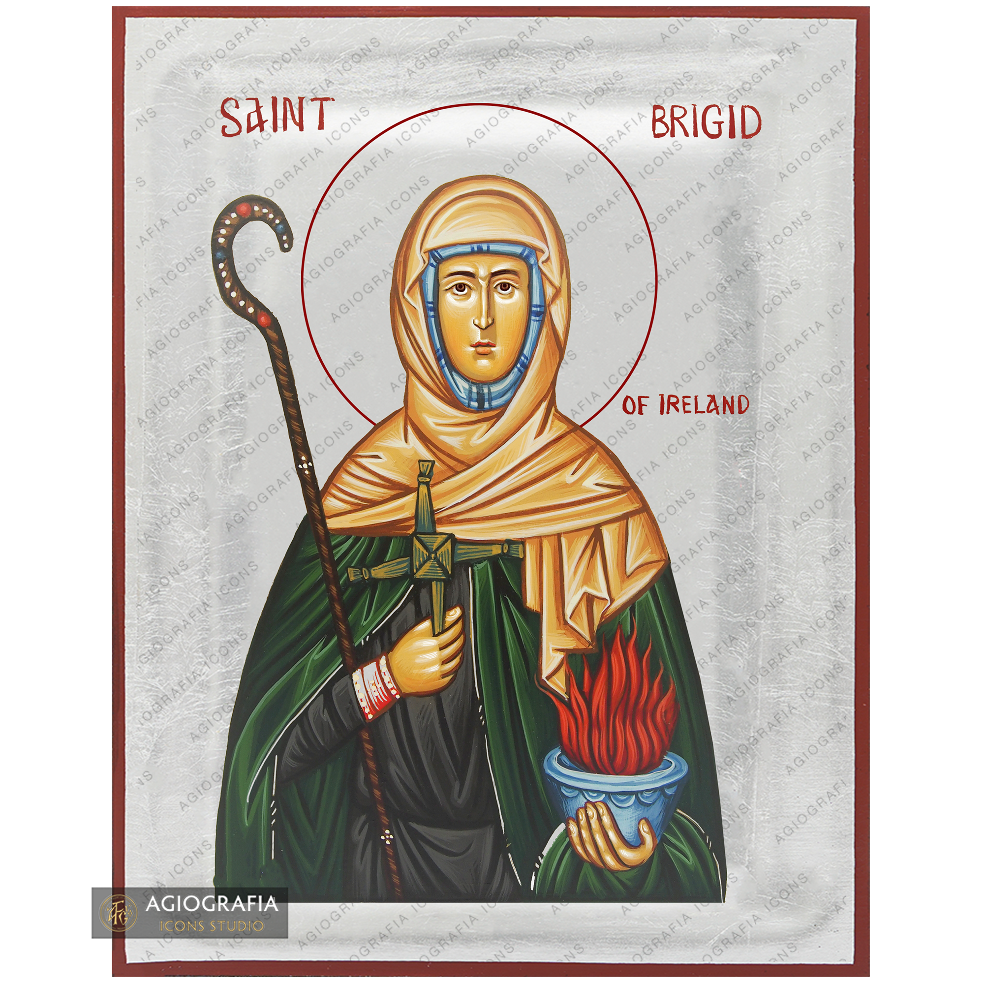Exclusive St Brigid of Ireland Icon with Pure Silver Leaves