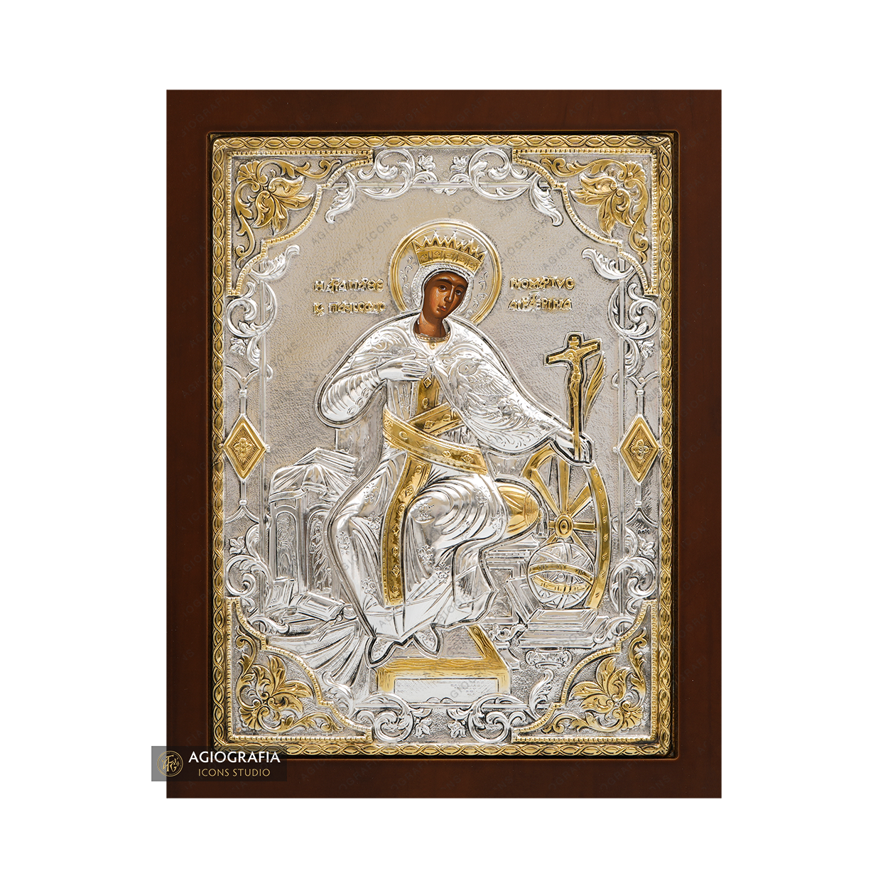 Saint Catherine of Alexandria at the wheel Silver Plated Icon on Wood