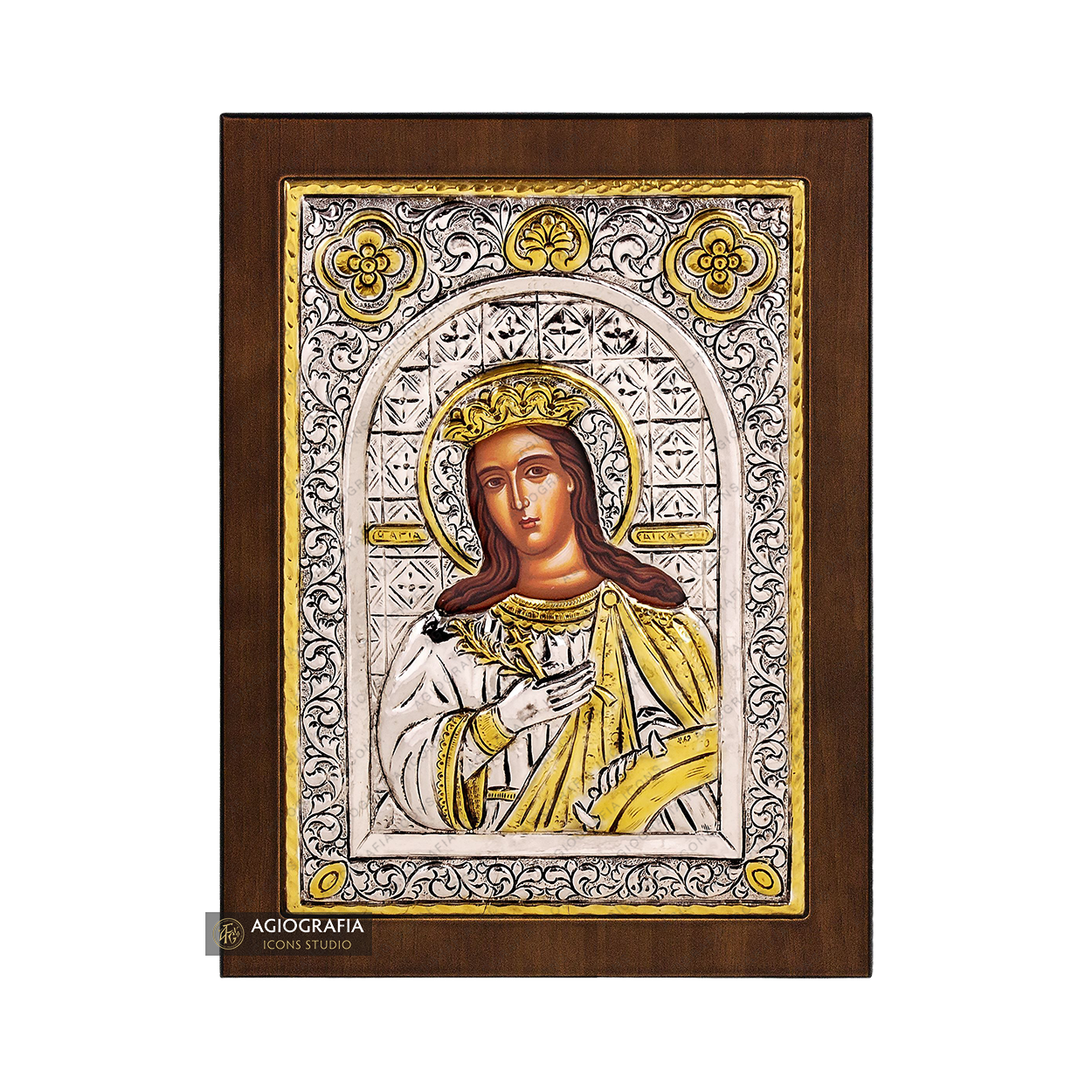Saint Catherine Christian Orthodox Silver Plated Icon on Wood