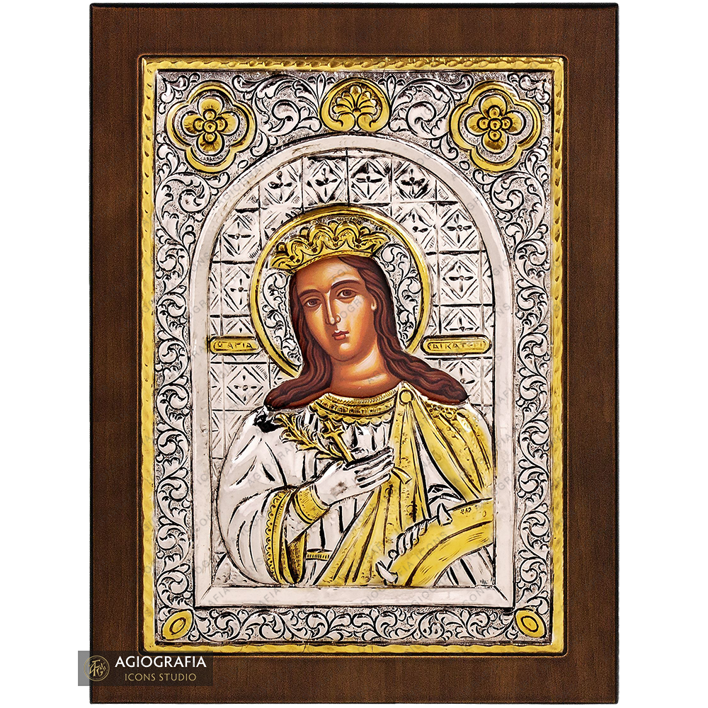 Saint Catherine Christian Orthodox Silver Plated Icon on Wood