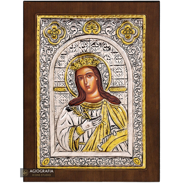 Santa Catalina icono cristiano ortodoxo plateado en madera