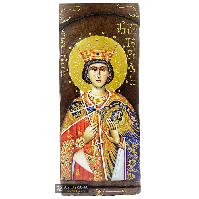 Santa Caterina icona bizantina greca a stampa oro su legno intagliato