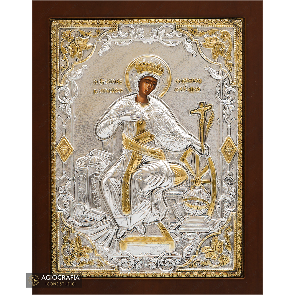 Saint Catherine of Alexandria at the wheel Silver Plated Icon on Wood