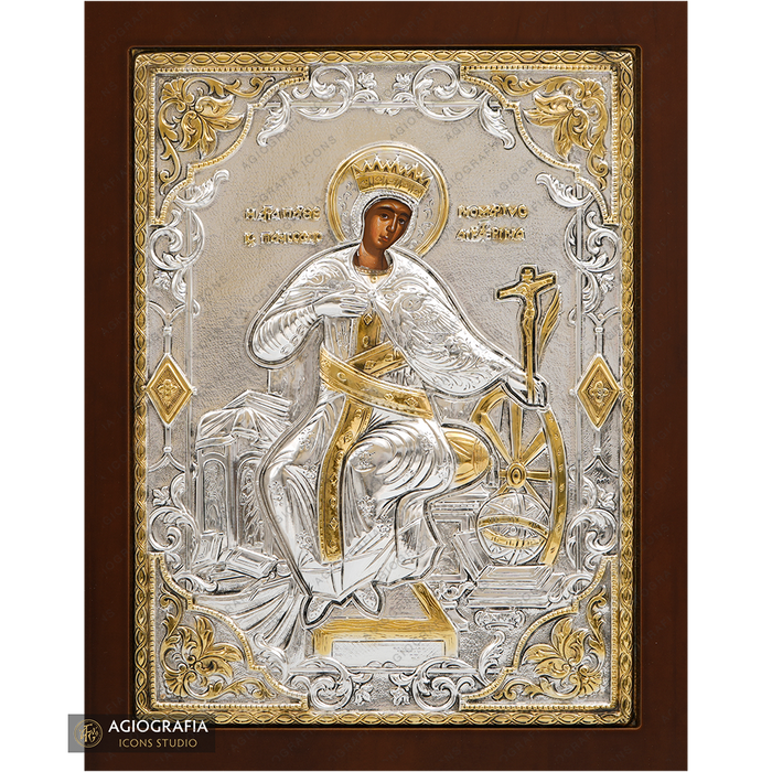 Santa Caterina d'Alessandria alla ruota icona placcata argento su legno