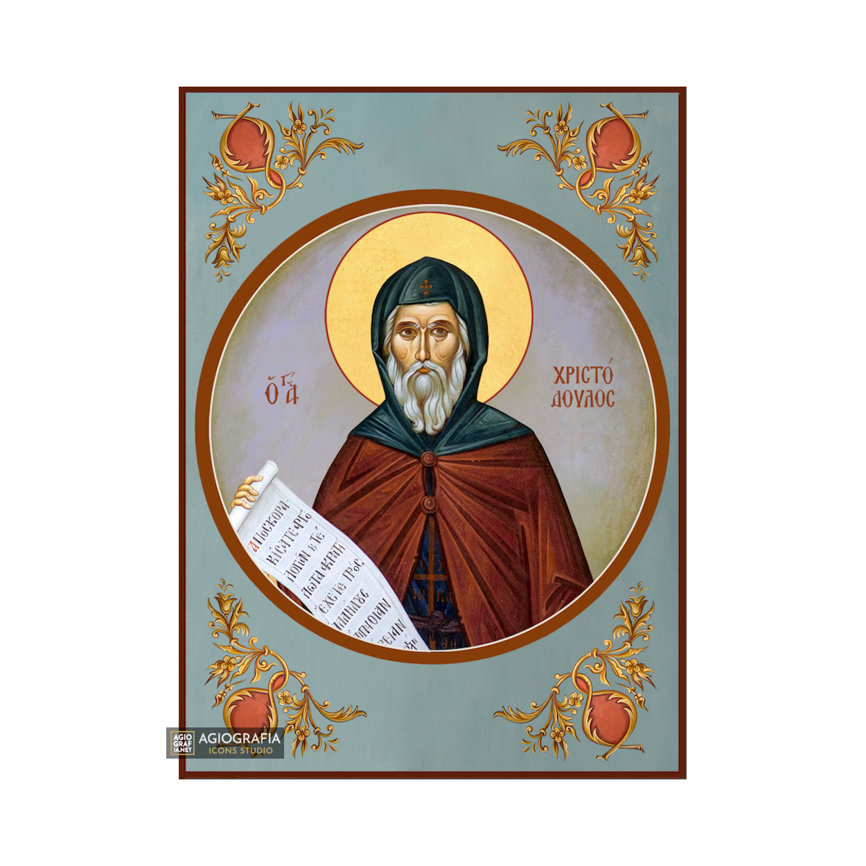 St Christodoulos Orthodox Icon with Blue Background