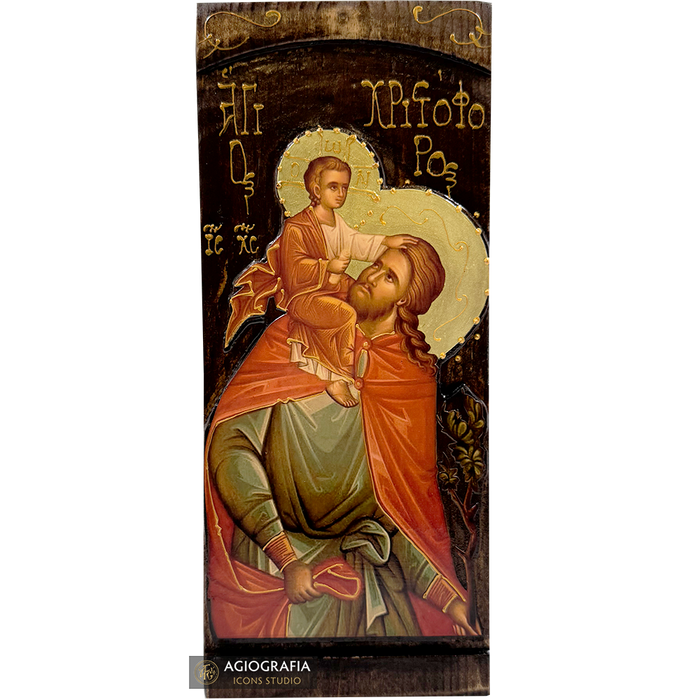 Saint Christophe icône byzantine grecque en impression or sur bois sculpté
