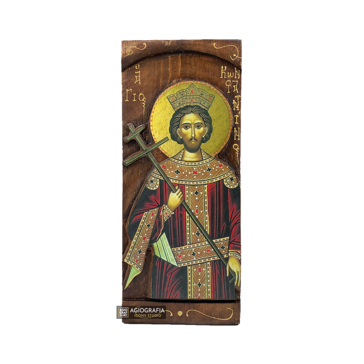 St Constantine Christian Orthodox Gold Print Icon on Carved Wood