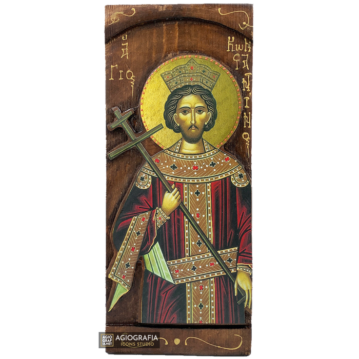San Costantino icona cristiana ortodossa a stampa oro su legno intagliato