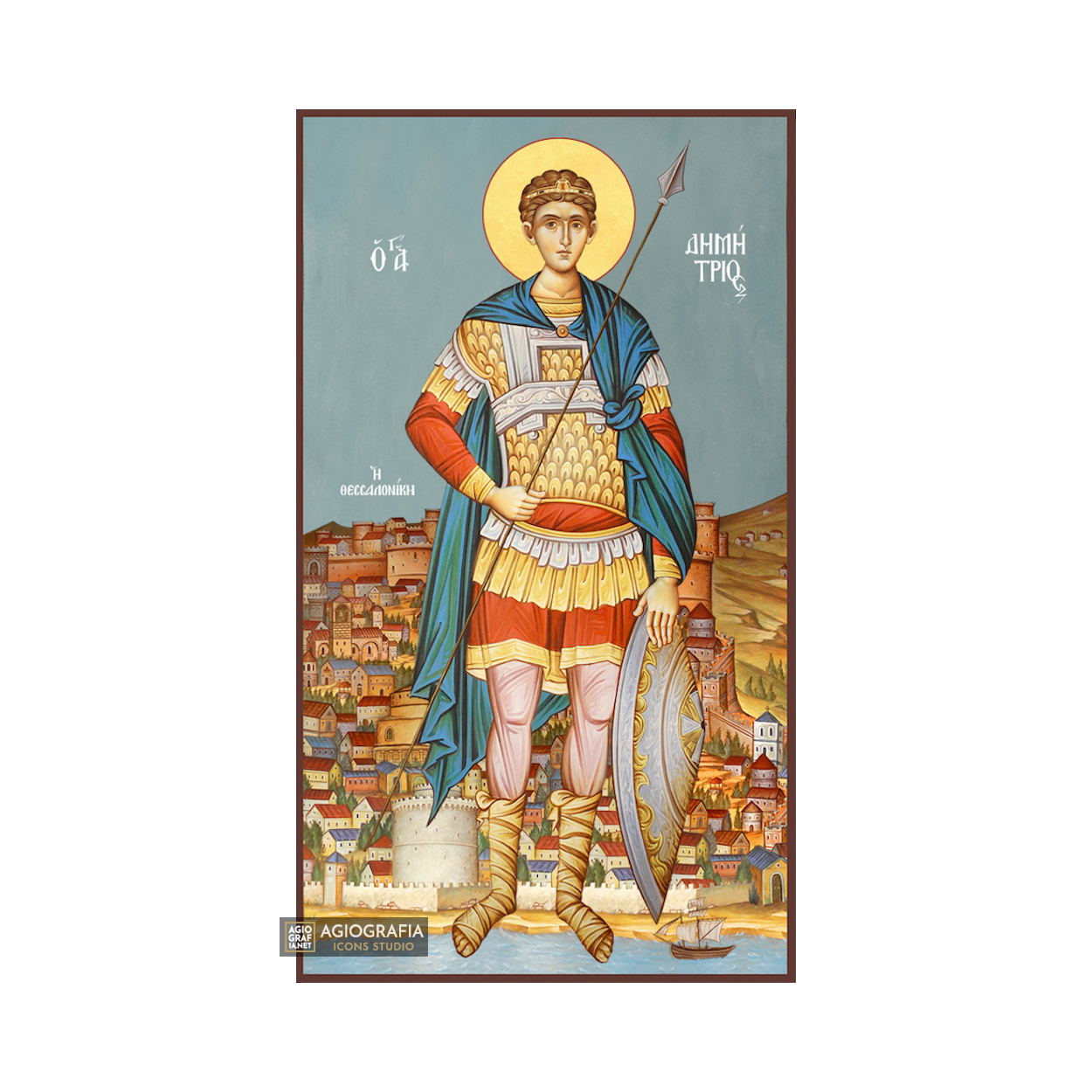 St Demetrius Christian Byzantine Wood Icon with Blue Background