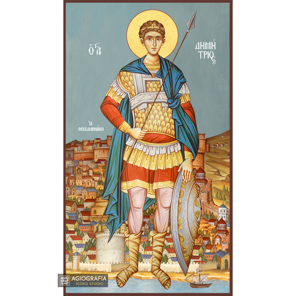 St Demetrius Christian Byzantine Wood Icon with Blue Background