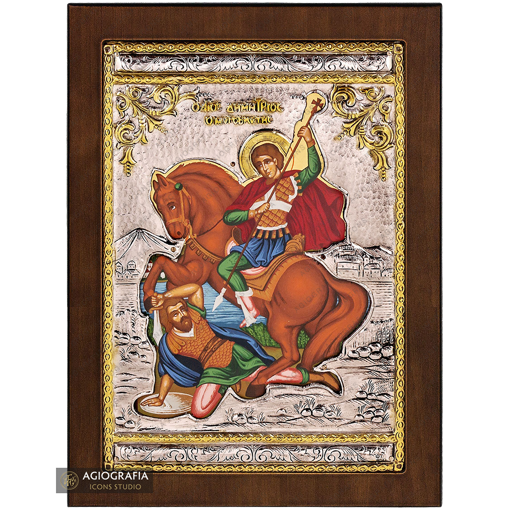 Saint Demetrios of Thessaloniki Orthodox Silver Plated Icon