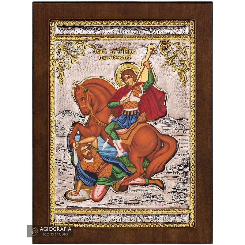 Saint Demetrios of Thessaloniki Orthodox Silver Plated Icon