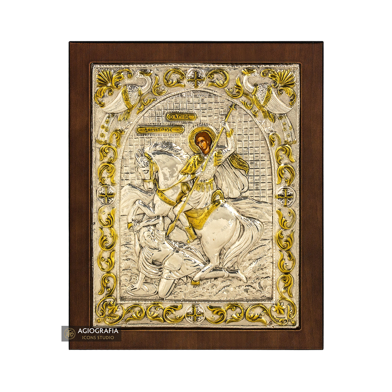 Saint Demetrius Silver Gold Plated Icon on Wood