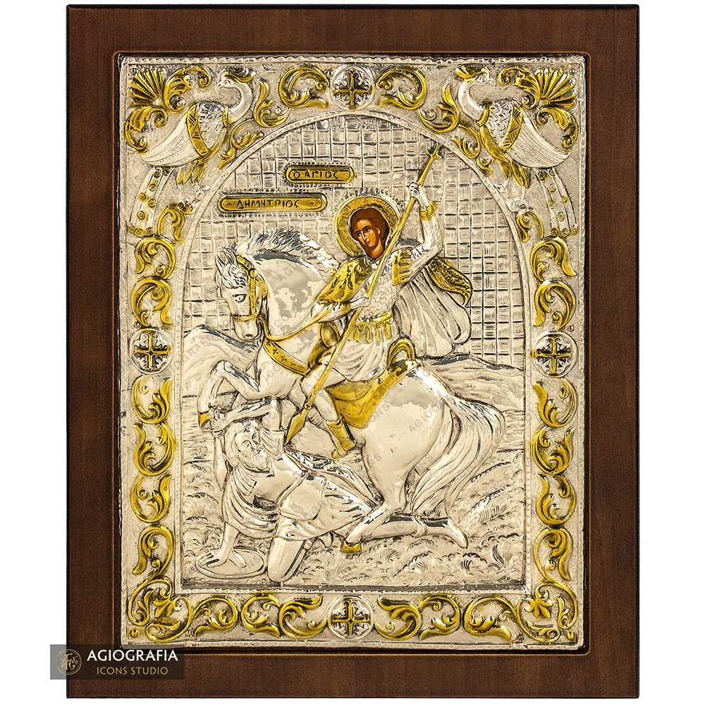 Saint Demetrius Silver Gold Plated Icon on Wood