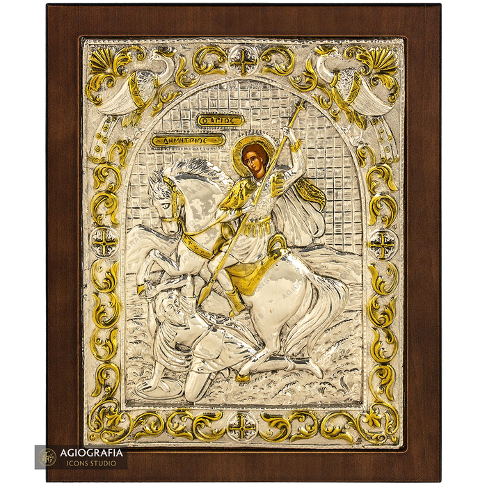 Saint Démétrios icône argentée et dorée sur bois