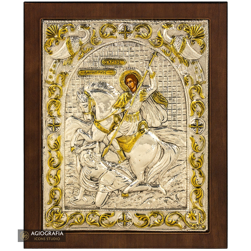 Saint Demetrius Silver Gold Plated Icon on Wood