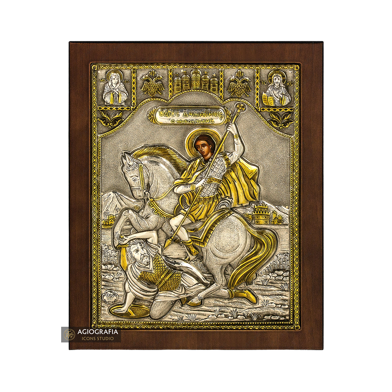Saint Demetrius Silver Gold Plated Icon on Wood