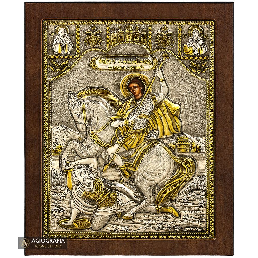 Saint Demetrius Silver Gold Plated Icon on Wood