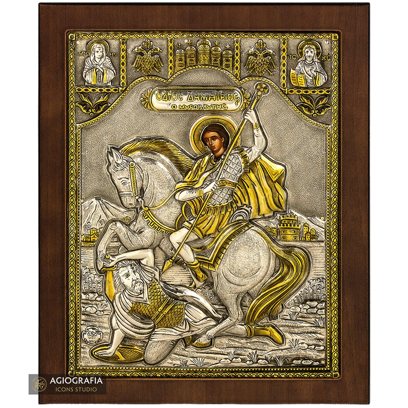 Saint Demetrius Silver Gold Plated Icon on Wood