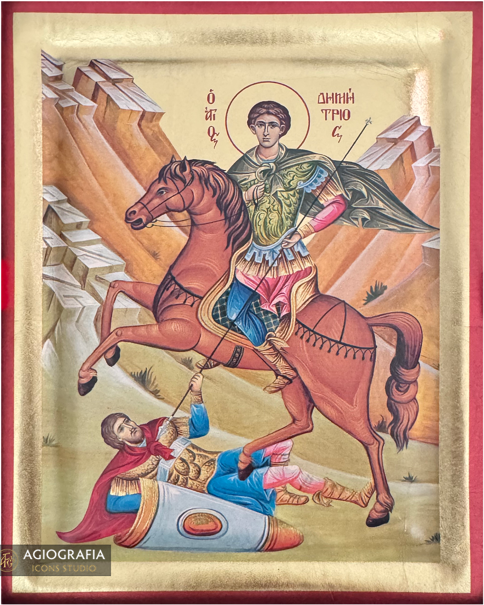 Saint Demetrius Greek Orthodox Christian Icon on Wood with Gold Leaf