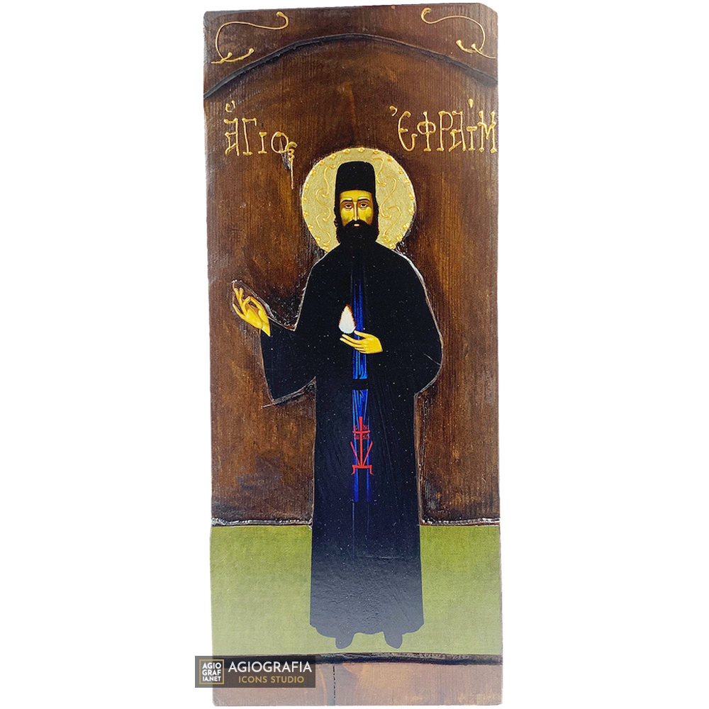 St Efrem of Nea Makri Orthodox Gold Print Icon on Carved Wood