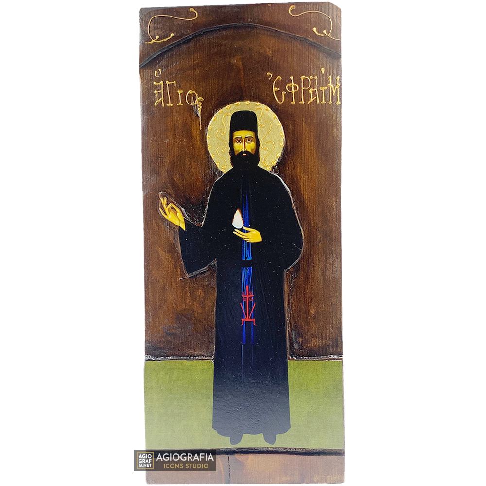 Sant'Efrem di Nea Makri icona ortodossa a stampa oro su legno intagliato