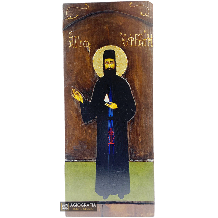 Sant'Efrem di Nea Makri icona ortodossa a stampa oro su legno intagliato