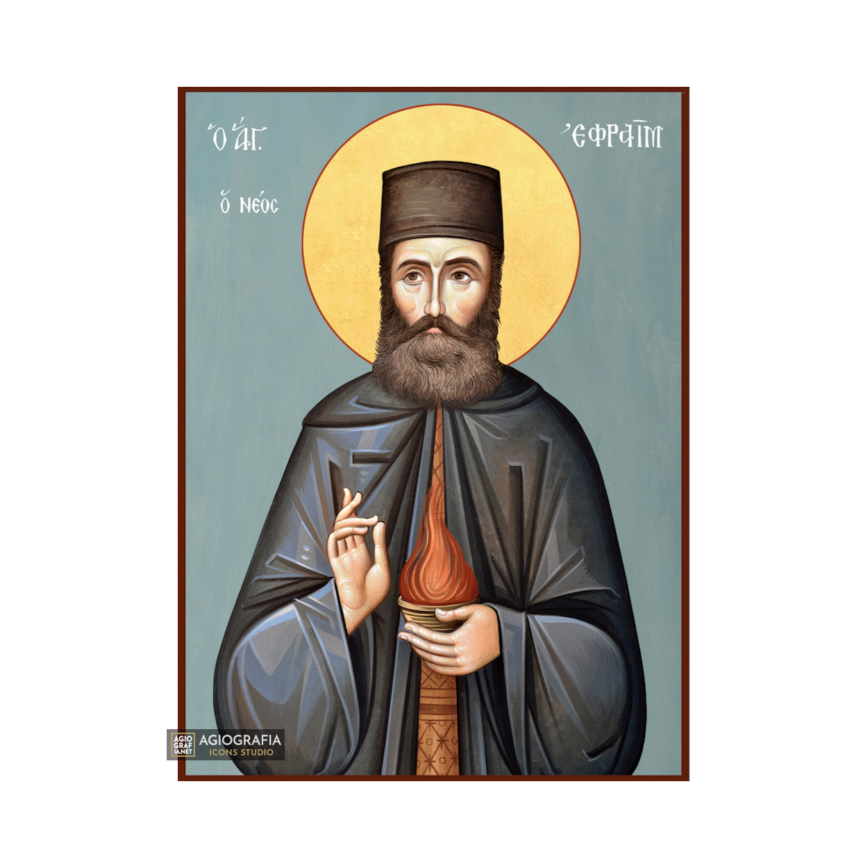 St Efrem of New Makri Orthodox Icon with Blue Background