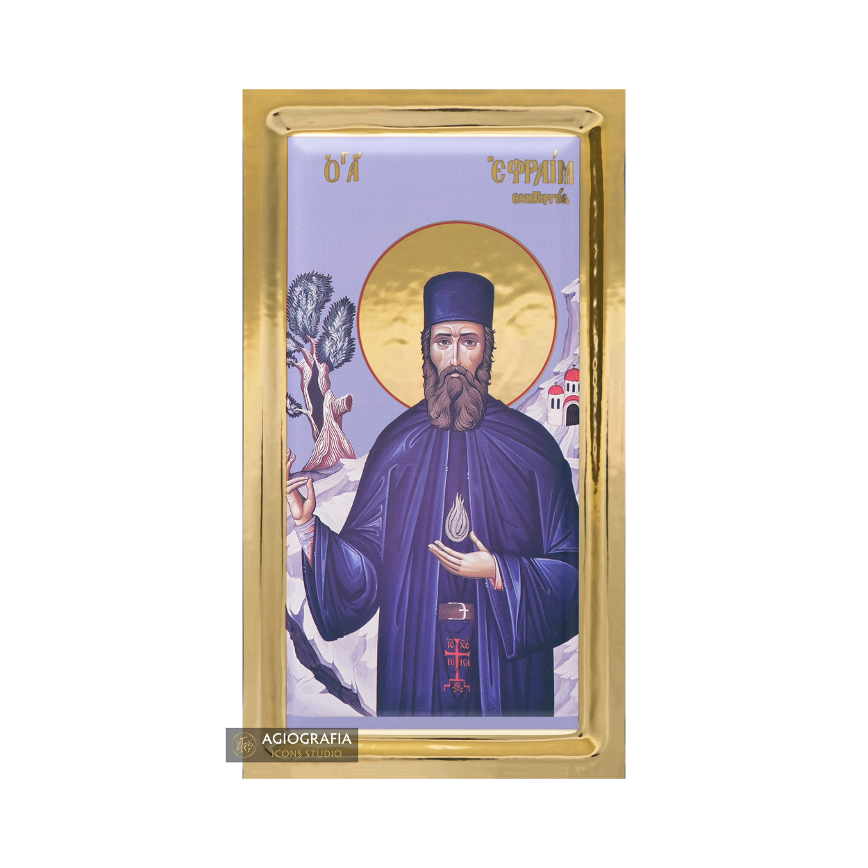 Saint Efrem of New Makri Orthodox Icon with Gilding Effect