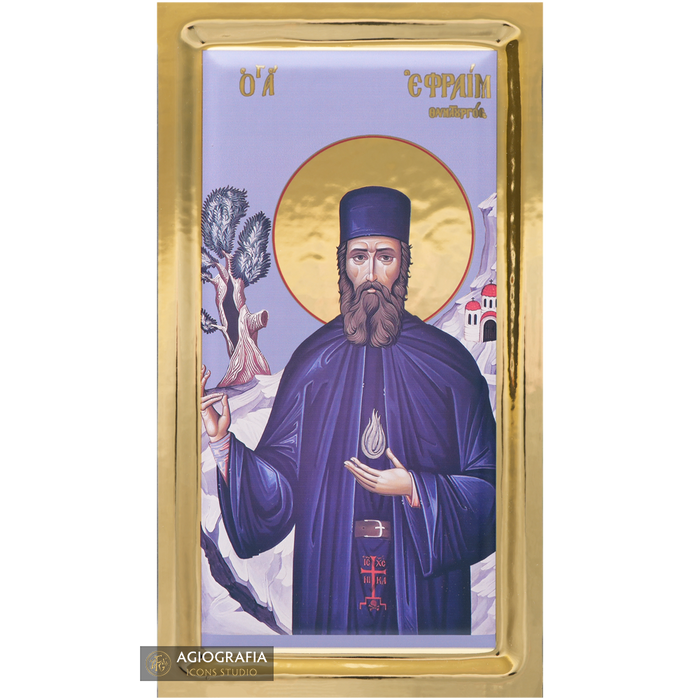 Saint Efrem of New Makri Orthodox Icon with Gilding Effect