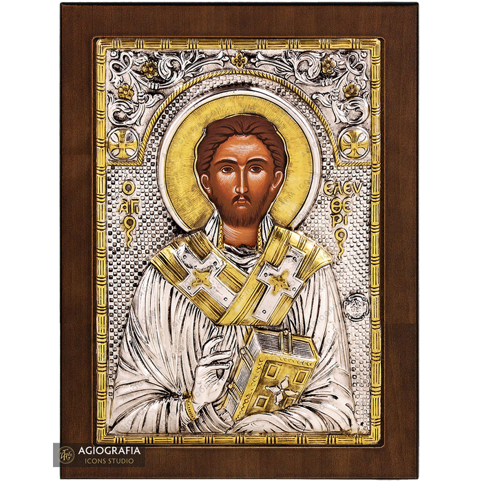 Heiliger Eleutherios christlich-orthodoxe versilberte Ikone