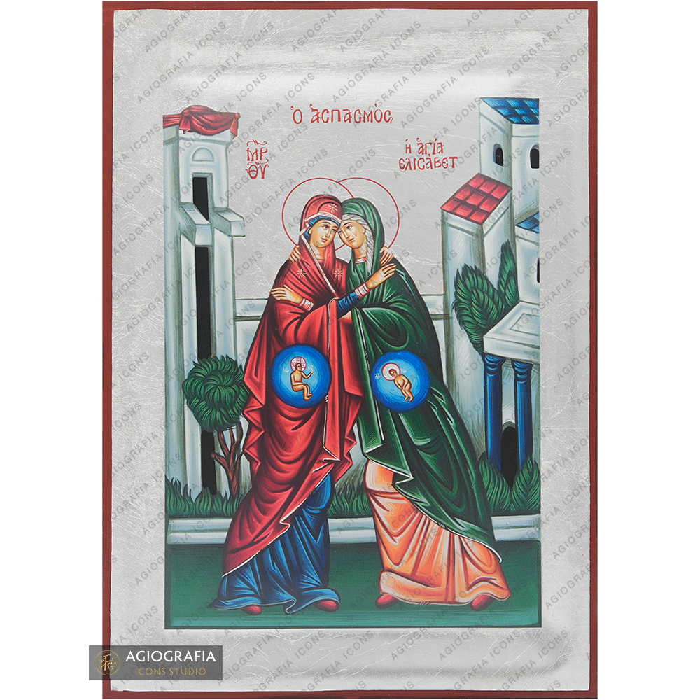 Visitation of Virgin Mary and St Elizabeth (Embrace) with Pure Silver Leaves