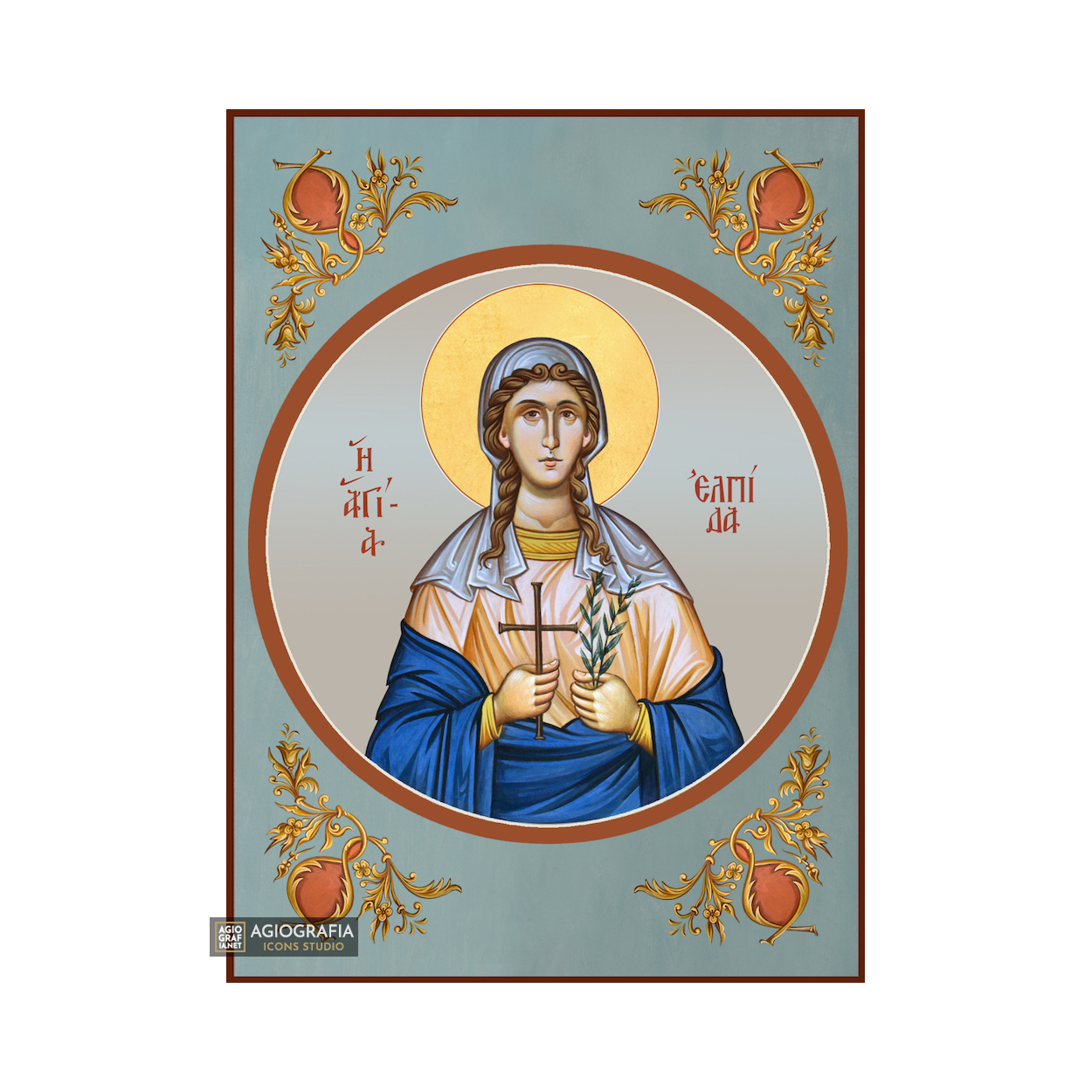 St Elpida Christian Orthodox Icon with Blue Background