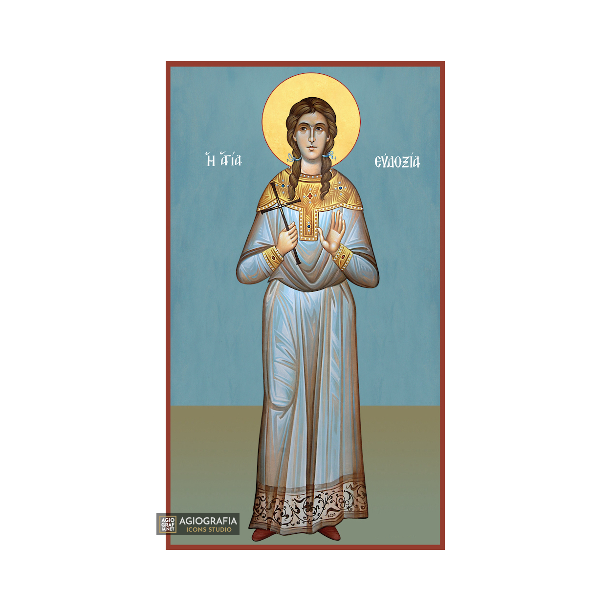 St Evdoxia Greek Orthodox Icon on Wood with Blue Background