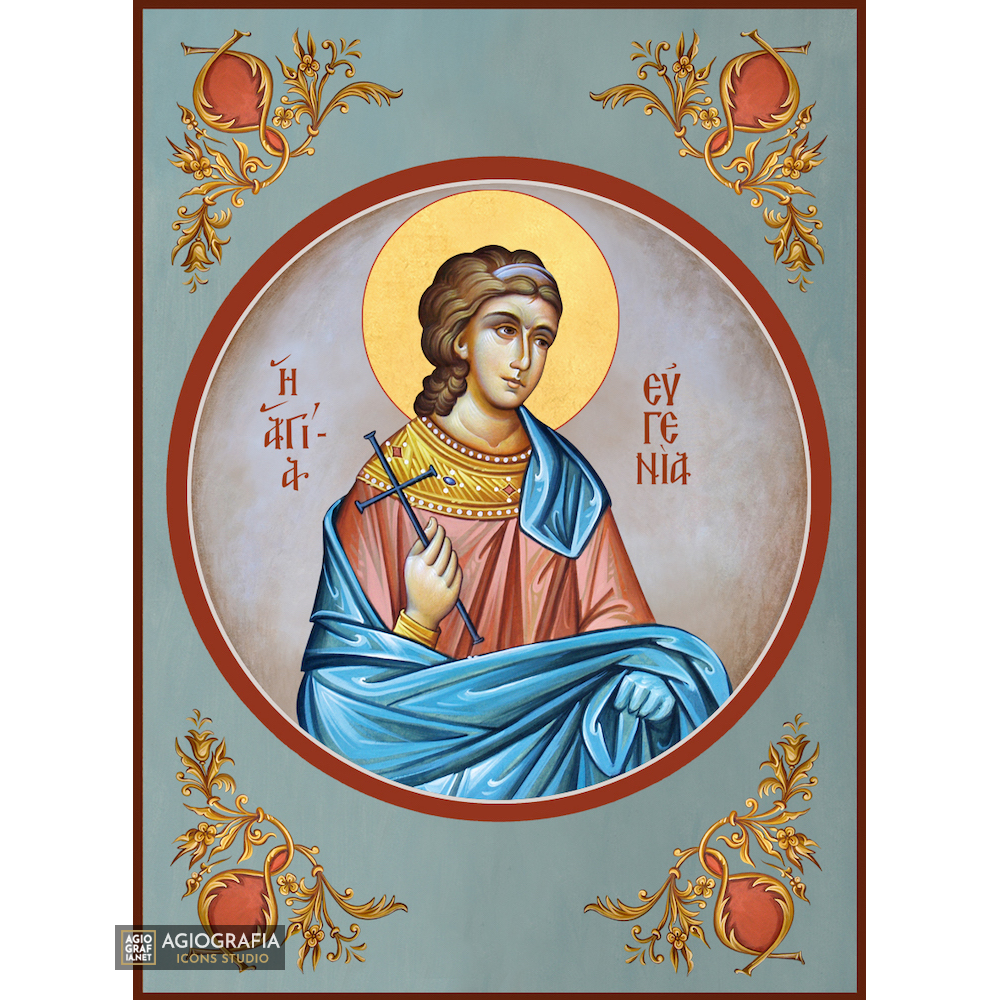 St Evgenia Greek Orthodox Icon with Blue Background