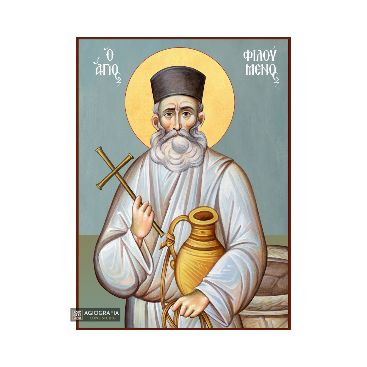 St Filoumenos Christian Byzantine Icon with Blue Background
