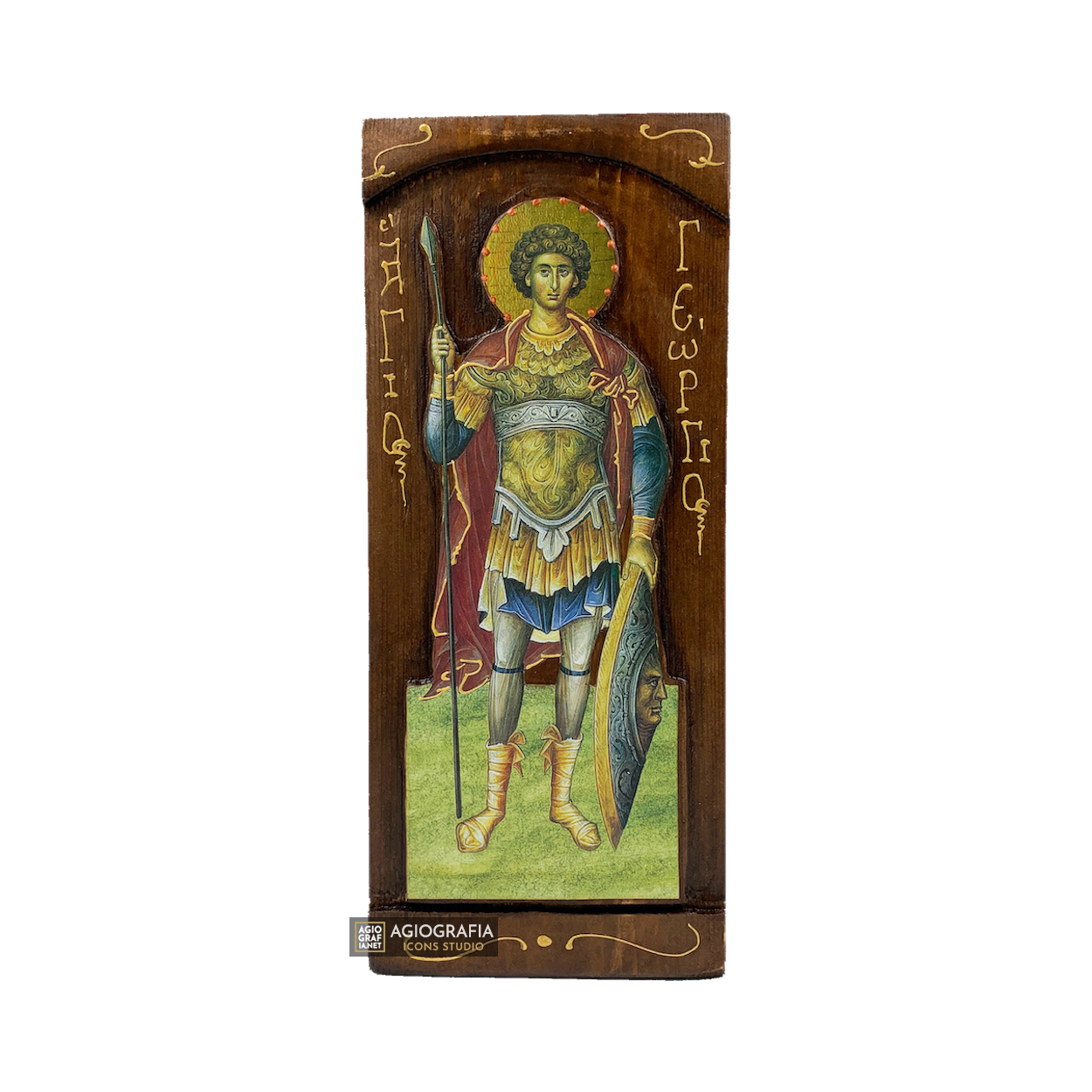 St George Byzantine Greek Gold Print Icon on Carved Wood