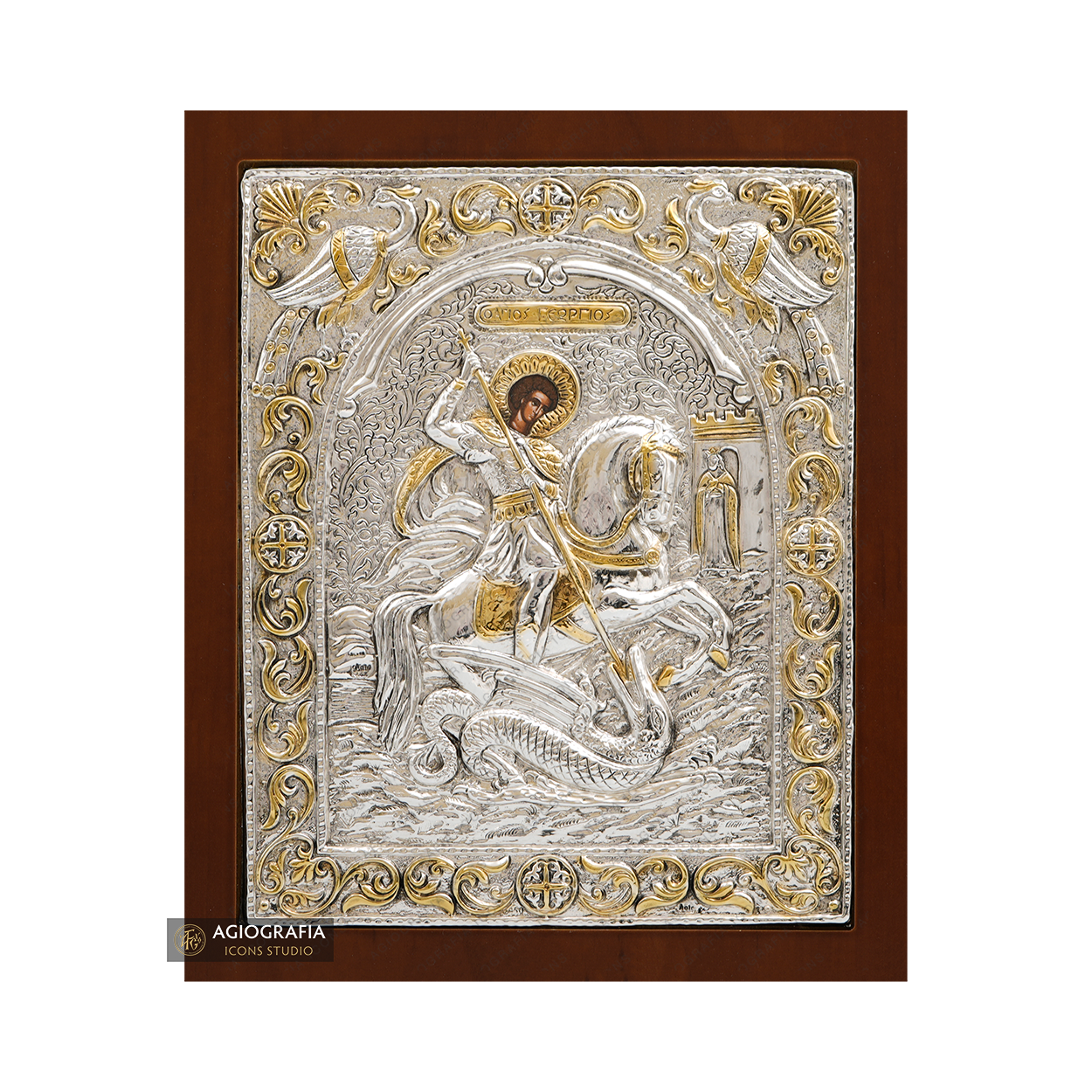 Saint George the Great Martyr Silver Plated Icon on Wood