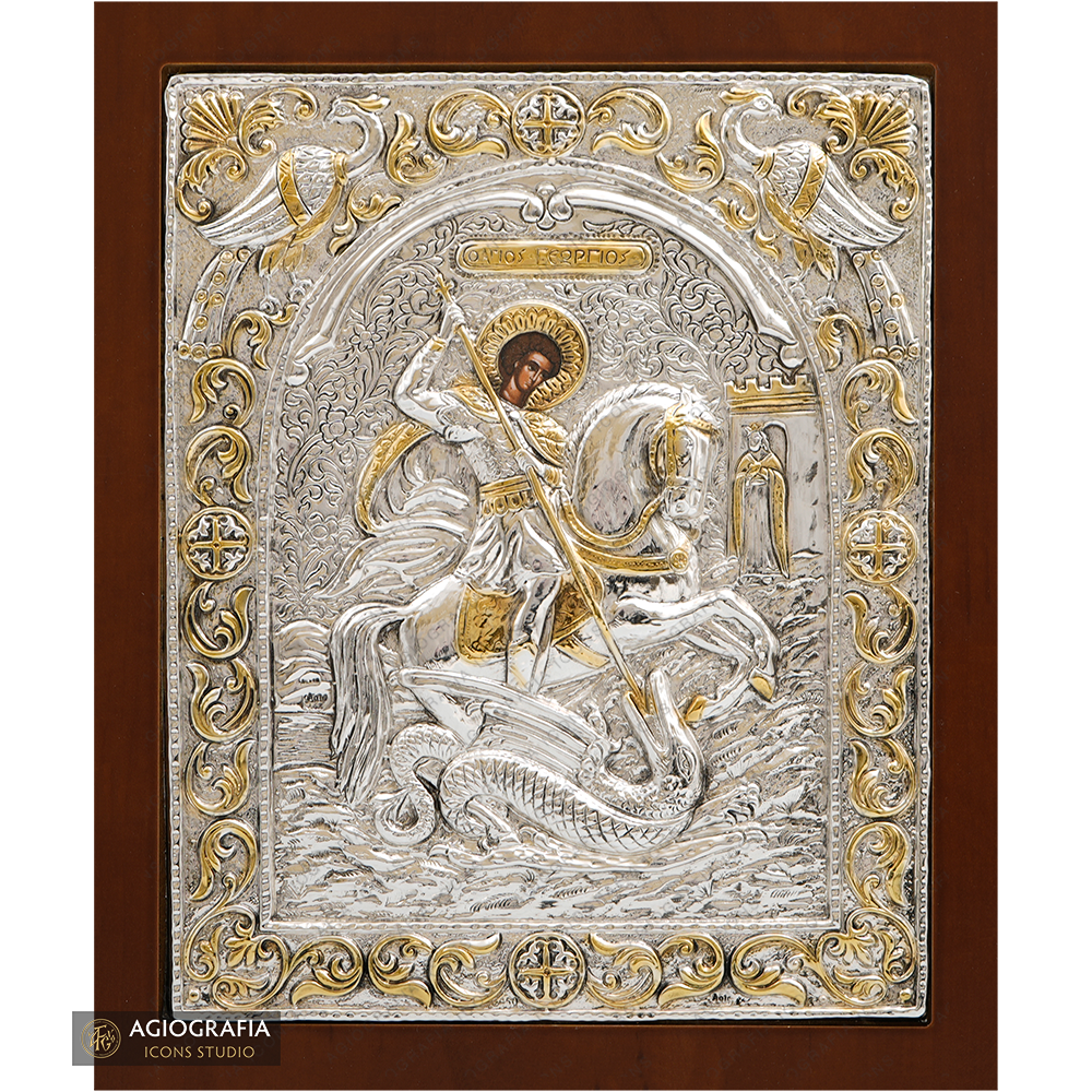 Saint George the Great Martyr Silver Plated Icon on Wood