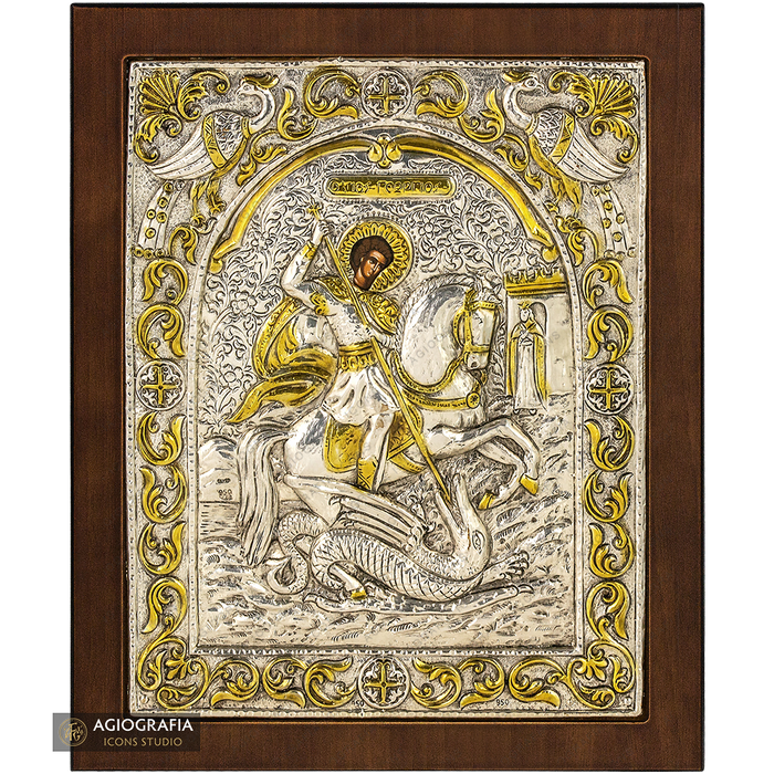 Saint Georges icône plaquée argent et or sur bois