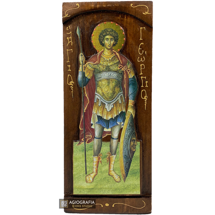 San Giorgio icona bizantina greca a stampa oro su legno intagliato