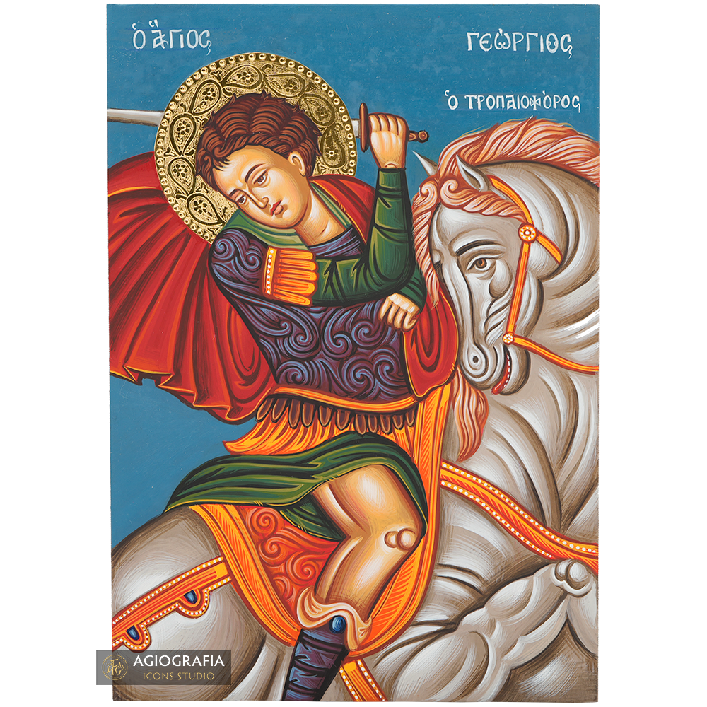 Saint Georges, icône peinte à la main avec auréole gravée polie or 24 carats