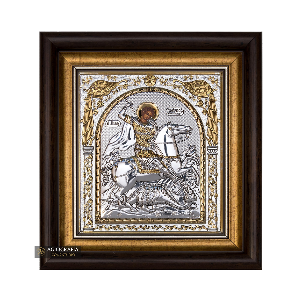 Saint George Framed Silver Gold Plated Wood Icon