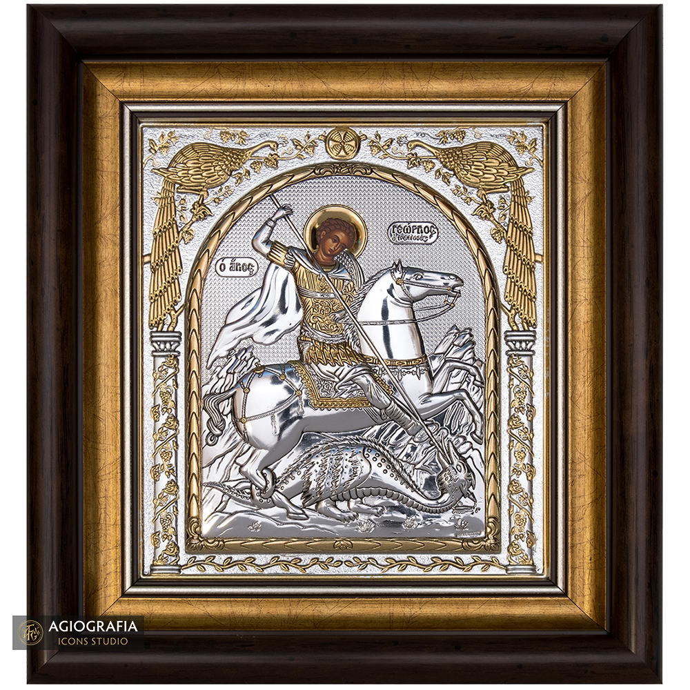 Saint George Framed Silver Gold Plated Wood Icon