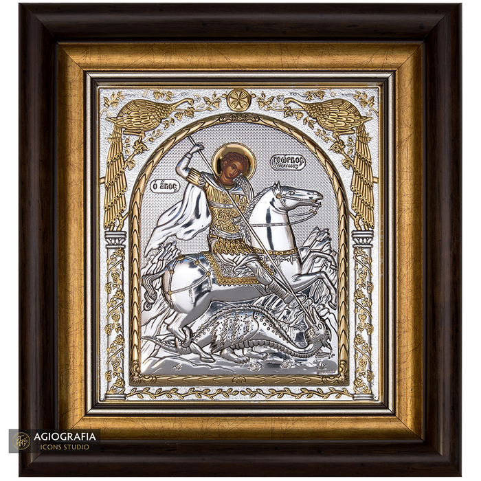 Saint George Framed Silver Gold Plated Wood Icon