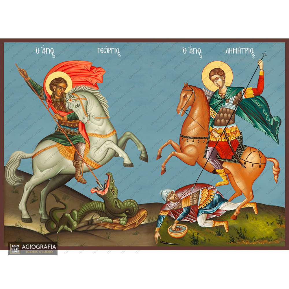 Saints George & Demetrius Orthodox Icon with Blue Background