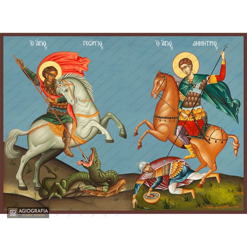 Saints George & Demetrius Orthodox Icon with Blue Background